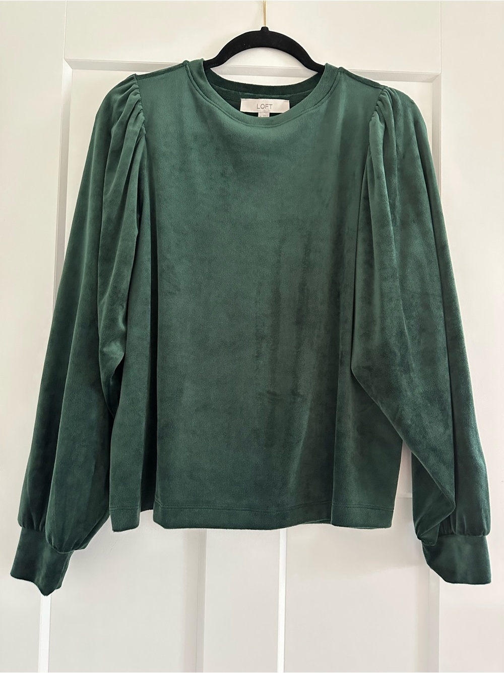 LOFT Dark Green Velvet Puff Sleeve Sweatshirt